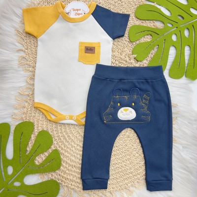   Conj. Body Manga Curta Bicolor com Bolsinho e Calça Tigre - Amarelo e Marinho